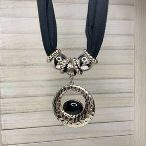 Large Hammered Pendant Soft Fabric Beaded Silver and Black Statement Necklace